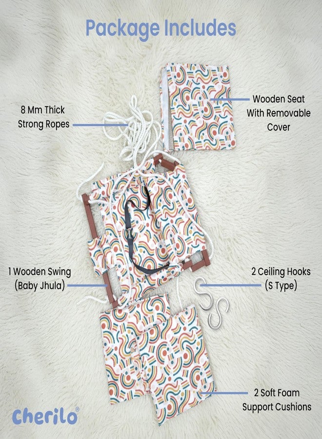 Cherilo أرجوحة شيريلو الخشبية للأطفال من 6 أشهر إلى 5 سنوات | أرجوحة معلقة داخلية وخارجية للأطفال | أرجوحة مريحة وآمنة مع وسادتين وحزام أمان | أرجوحة بإطار خشبي متين للأطفال - تصميم متجه مجاني - Image 3